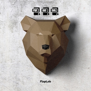 Decorazione da parete trofeo orso grizzly low poly, download istantaneo modelli digitali Pdf, Svg, Dxf, trofeo da parete Papercraft, decorazione da parete fai da te