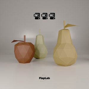 Decorazione di mela e pera fai da te con carta, pera di mela low poly, frutta origami, modello di scultura di carta Dxf Svg per Silhouette, Cricut