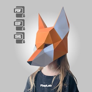 Maschera di volpe di carta modello stampabile Pdf, Svg, Dxf, modelli di download istantaneo Maschera di volpe a bassa poli, maschera fai da te, maschera di animale 3D, maschera origami