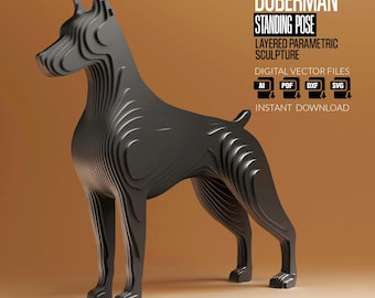 Escultura de dóberman pinscher - Arte paramétrico en capas, archivos cortados con láser (descarga digital)