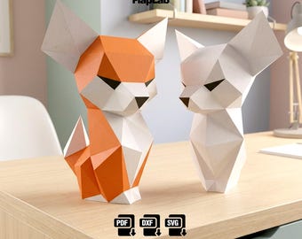 Escultura de zorro cachorro en papel 3D, descarga digital (SVG, DXF, PDF)