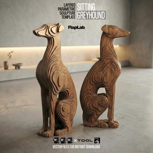 May include: Two wooden sculptures of greyhounds in a sitting position. The sculptures are made from layered wood, creating a unique, textured effect. The text on the image reads "LAYERED PARAMETRIC SCULPTURE TEMPLATE SITTING GREYHOUND".
