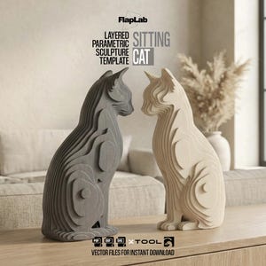 Könnte beinhalten: Zwei geschichtete, parametrische Katzenskulpturen in Grau und Beige. Die Katzen sitzen und blicken sich an. Der Text auf dem Bild lautet "LAYERED PARAMETRIC SCULPTURE SITTING CAT TEMPLATE".