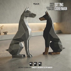 May include: Two geometric papercraft sculptures of sitting Doberman dogs. One is gray, the other is black with brown legs and muzzle. The text on the image reads "PAPER CRAFT SCULPTURE TEMPLATE SITTING DOBERMAN".