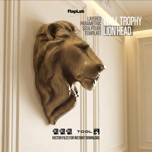 May include: A layered lion head wall trophy sculpture. The artwork is made of horizontal lines, creating a 3D effect. The text on the image reads "LAYERED PARAMETRIC SCULPTURE TEMPLATE WALL TROPHY LION HEAD VECTOR FILES FOR INSTANT DOWNLOAD."