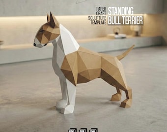 Plantilla de escultura 3D de perro Bull Terrier en papel (PDF, SVG, DXF)