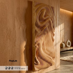 May include: A large, rectangular wooden wall art piece with a carved, flowing wave design. The artwork is made of light-coloured wood and is mounted on a textured, tan wall. The piece is a modern, abstract home decor item.