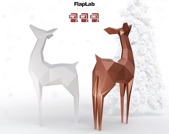 DIY Papercraft Christmas decoration Deer Doe sculpture, Low poly Doe, Origami, Instant Download Template Pdf Dxf Svg