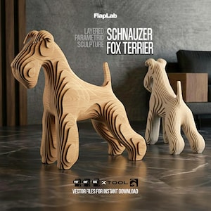 Może przedstawiać: Dwie drewniane rzeźby psa rasy Schnauzer Fox Terrier. Rzeźby wykonane są z warstwowego drewna i mają parametryczny design. Tekst na zdjęciu brzmi "Layered Parametric Sculpture Schnauzer Fox Terrier" i "Vector Files for Instant Download."