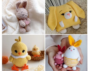 Crochet pattern set 4 in 1, crochet pattern easter set, crochet pattern bunny, amigurumi bunny pattern, crochet pillow pattern, amigurumi