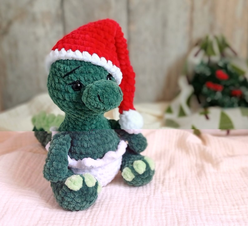 Crochet pattern dino, crochet christmas toy, amigurumi christmas pattern, crochet dino pattern,christmas crochet decor, plusie dinosaur image 1