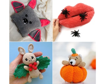 Crochet pattern Halloween set, Crochet bat pattern, crochet pattern bear in pumpkin, crochet pattern pillow bat, crochet pattern lips