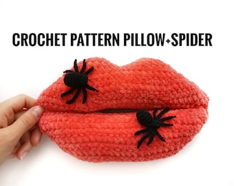 Crochet lips and spider, amigurumi spider, crochet pattern halloween decor, crochet halloween present, crochet pillow lips, halloween lips