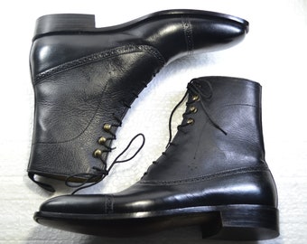 Handmade Bespoke Ankle High Black Colour Genuine Leather Cap Toe  Good Year Welted Lace Up Military Style Boots
