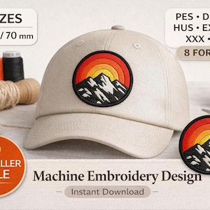 May include: A beige baseball cap with a circular patch featuring a mountain range and a sunset design. The patch is black, red, orange, and yellow. The image also shows spools of thread, twine, and text that reads "3 SIZES 50/60/70 mm" and "Machine Embroidery Design".