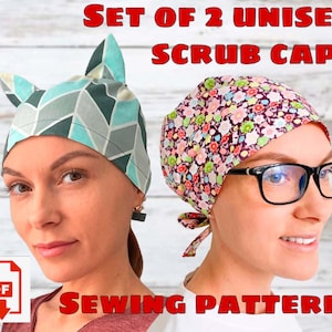 Conjunto de 2 gorras de exfoliación unisex estilo #7 y patrones de costura de gorra de exfoliación de orejas de gato, patrón de costura de sombrero de exfoliación imprimible, patrón de sombrero quirúrgico, médico