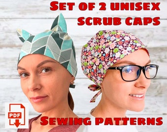 Set of 2 Unisex Scrub Caps Style#7 and Cat Ears Scrub Cap Sewing Patterns, Printable Scrub Hat Sewing Pattern,Surgical Hat Pattern,Medical