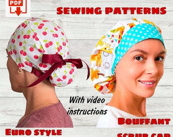 Set of 2 Sewing Patterns And Video Instructions Bouffant Scrub Cap And Euro Ponytail Scrub Cap