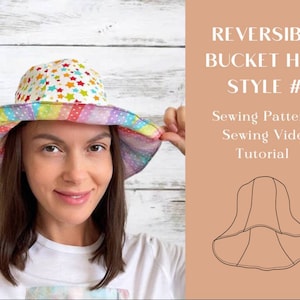 Può includere: Un modello di cucito e un tutorial video per un cappello a secchiello reversibile. Il cappello è mostrato in un tessuto a righe arcobaleno con stelle bianche sull'altro lato. Il modello mostra un semplice design di cappello a secchiello.