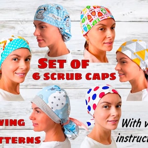 Conjunto de 6 patrones de costura de gorro de exfoliación con instrucciones en vídeo, patrón de gorro médico, patrón de gorro veterinario, patrón de gorro quirúrgico, cola de caballo bouffant