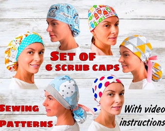 Set von 6 Schnittmustern für Scrub Cap mit Video-Anweisungen, Schnittmuster für medizinische Mütze, Schnittmuster für Chirurgenkappe