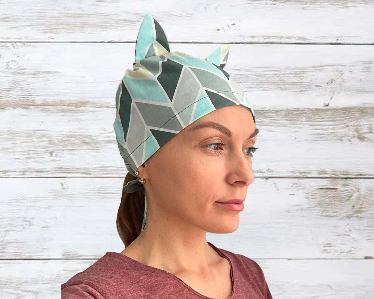 Scrub Cap Unisex With Cat Ears Pattern Scrub Cap With Ties Etsy