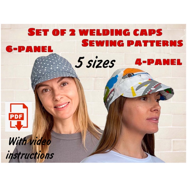 Set of 2 Welding Caps Sewing Pattern in 5 sizes And Video Instructions, Easy Sew Welding Cap, Welders Cap Tutorial Sewing, Skull Cap Pattern