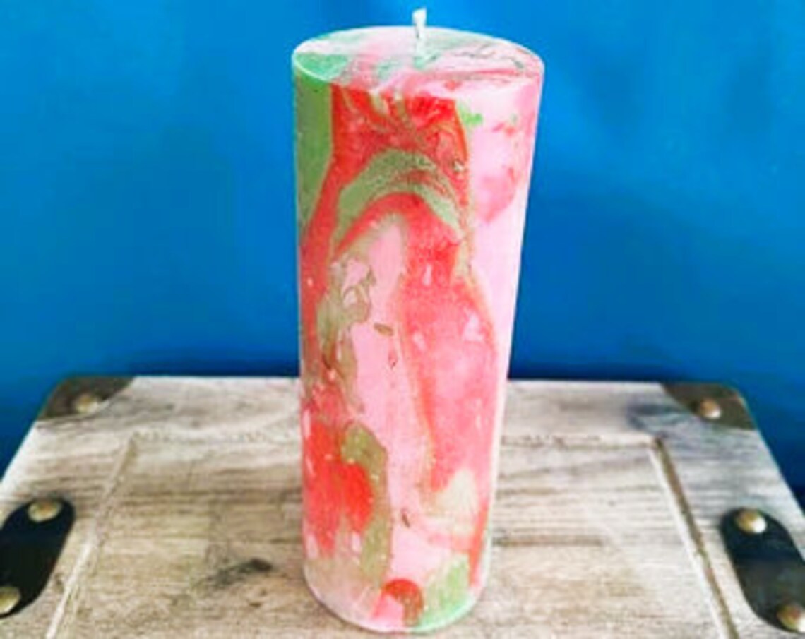 Marble Pillar Candle, Red & Green Christmas Hearth Scent Paraffin