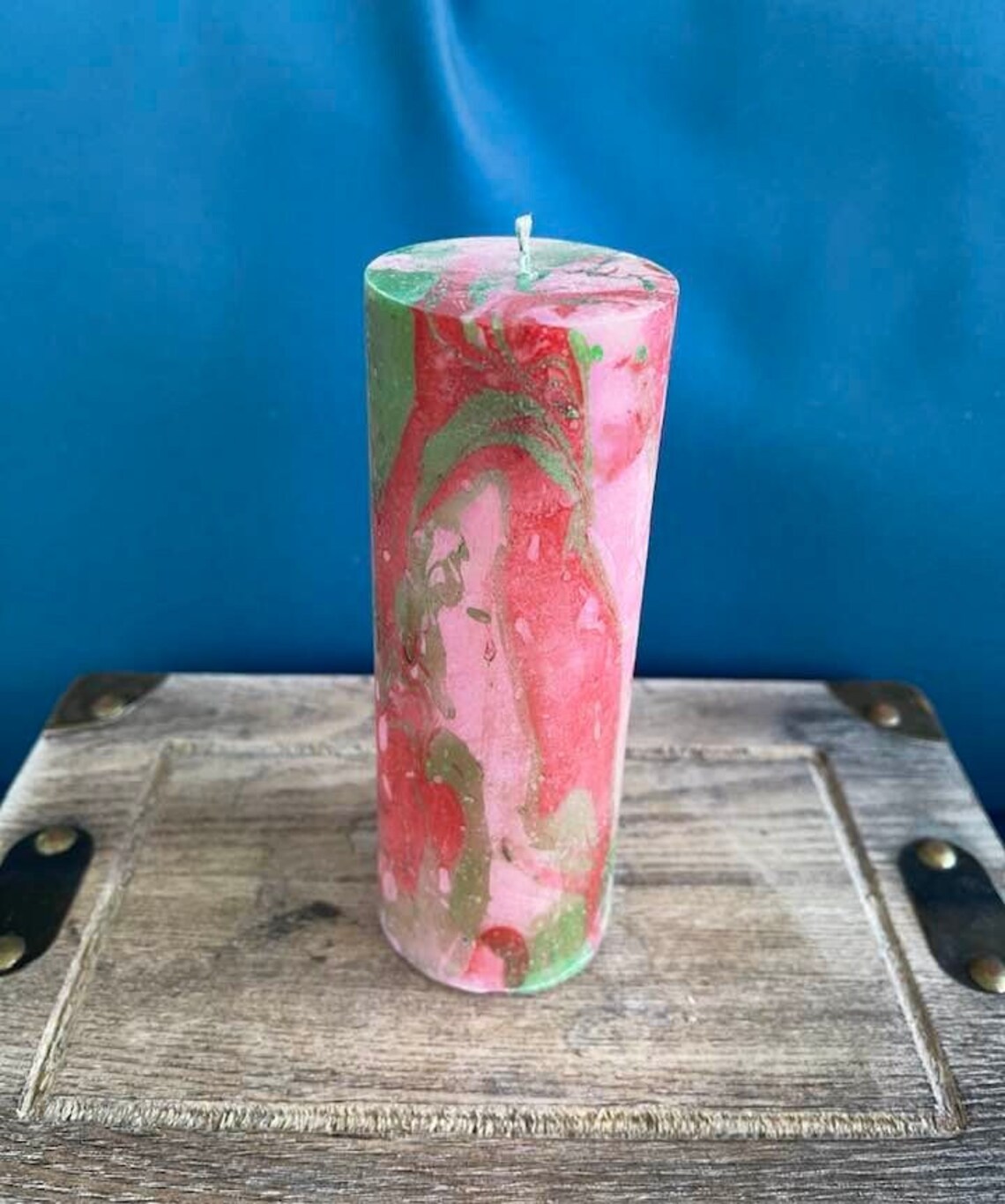 Marble Pillar Candle, Red & Green Christmas Hearth Scent Paraffin