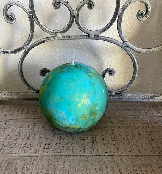 Large Marble Sphere Candle, Ocean Breeze Fragrance Oil Scented Bomb, Blue & Yellow Round Candle