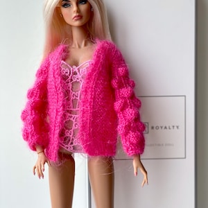 Knitted fuchsia cardigan for 12 inch Poppy Parker, Fashion Royalty, Nu Face, Integrity Toys, Mizi JHD Fashion dolls and 1/6 scale dolls
