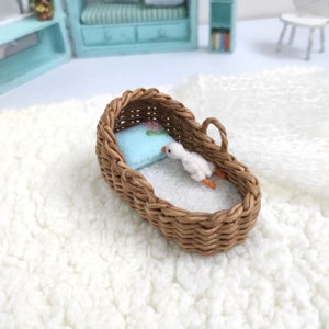SET 1:12 scale dollhouse wicker cradle+ crocheted goose, Interirior for doll house diarama,  rustic simple style