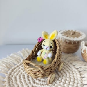 Crochet Miniature Bunny with Wicker Pram: Custom Dollhouse Rabbit