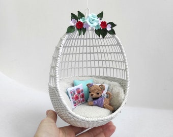 Glamorous hanging egg chair for 7-9-11 inch dolls with cushions and polymer clay flowers. Boho-chic glam patio hanging chair for dollhouse