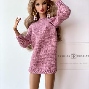 Dusty rose knitted dress and earrings for 12 inch Poppy Parker, Fashion Royalty, Nu Face, Integrity Toys and 1/6 scale dolls, Doll clothes