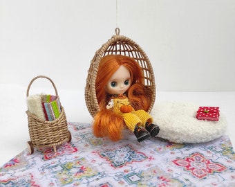 Cozy hanging egg chair 1:12 for 3-4.5 inch dolls. Boho-chic bedroom, patio hanging chair for dollhouse Scandinavian style