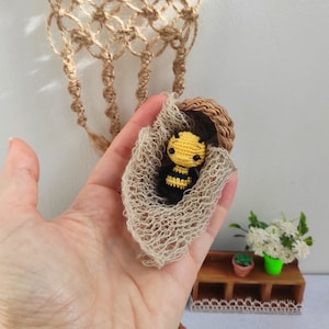 Dollhouse Wicker Cradle with Crocheted Baby Bee Miniature