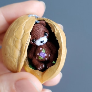 Custom micro BEAR Dollhouse miniature tiny brown bear in a Walnut . Doll pet bear. Mini animal. Collectible figurine. Friend gift.