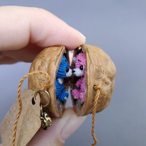 Set of 2 micro baby  in a walnut. Dollhouse miniature tiny bear/ dragon/sloth. Doll pet. Mini animal. Collectible figurine. BoyFriend gift.