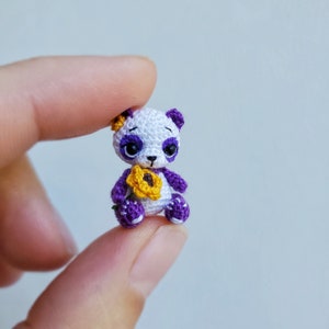 Custom micro Purple Panda with Sunflower Dollhouse miniature tiny Panda bear. Doll pet bear. Mini animal. Collectible figurine. Friend gift.