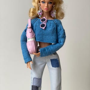 Knitted cotton blue top for 12 inch Poppy Parker, Fashion Royalty, Nu Face, Integrity Toys, Mizi JHD Fashion dolls and 1/6 scale dolls