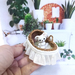 1:12 Scale Dollhouse Wicker Cradle with Ruffles - Miniature Nursery
