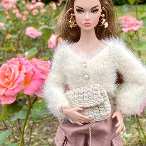 Knitted fluffy top+earrings for 12 inch Poppy Parker, Fashion Royalty, Nu Face, Integrity Toys, Mizi JHD Fashion dolls and 1/6 scale dolls