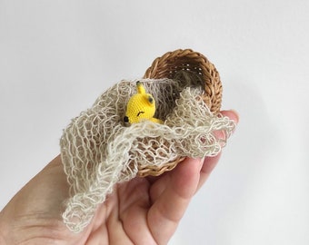 SET 1:12 scale dollhouse wicker cradle+ crocheted fox, Interirior for doll house diarama,  rustic simple style