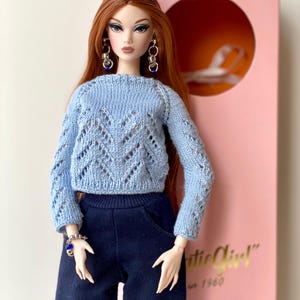 Blue knitted sweater, jewelry for 12 inch Poppy Parker, Nu Face, Integrity Toys, Mizi JHD Fashion dolls and 1/6 scale dolls
