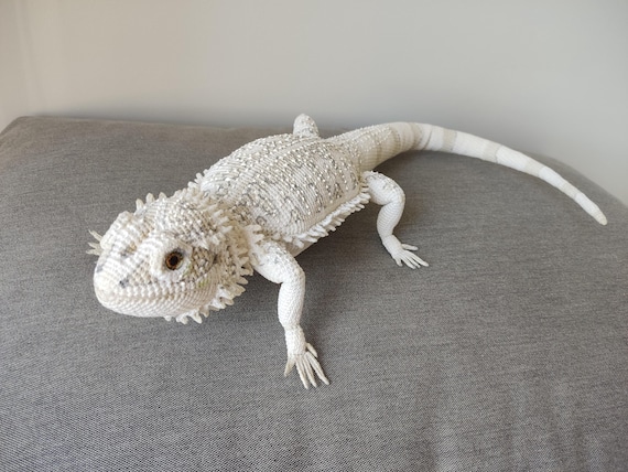 Crocheted White Bearded Dragon Figurine: Posable Cotton Reptile