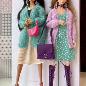 Mohair knitted cardigan, earrings for 12 inch Poppy Parker, Fashion Royalty, Nu Face, Integrity Toys, Mizi JHD Fashion dolls 1/6 scale dolls