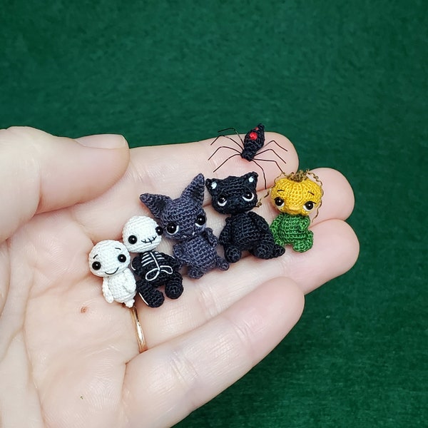 Custom micro set Halloween: Ghost, Skeleton, Bat, Black cat, Pumpkin, Spider, Bunny woodoo zombie Collectible figurine. Friend gift.