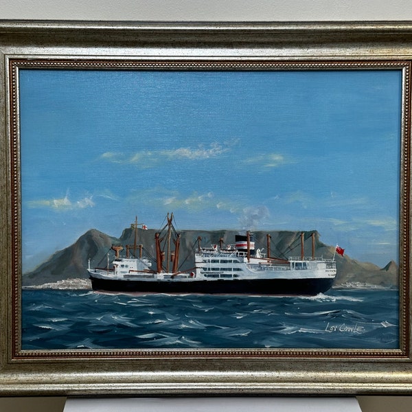 Cargo Ship Adventurer Oil Painting Approaching Cape Town Table Mountain