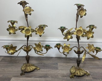 Pair Antique French Gilt Bronze Ormolu 5 Branch Candelabra's With Wax Candles